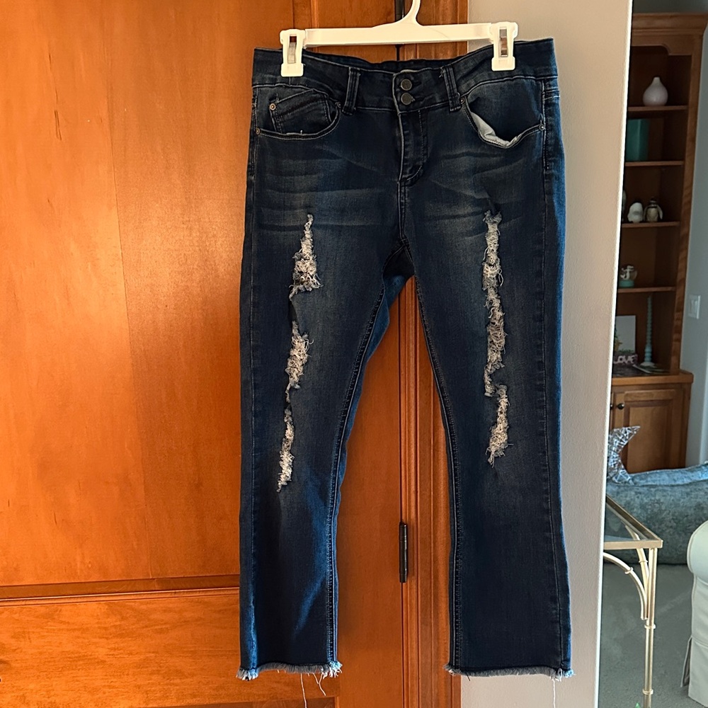 Indigo Rein Dark Wash Distressed Skinny Jeans Raw Hem Double Button Size 11